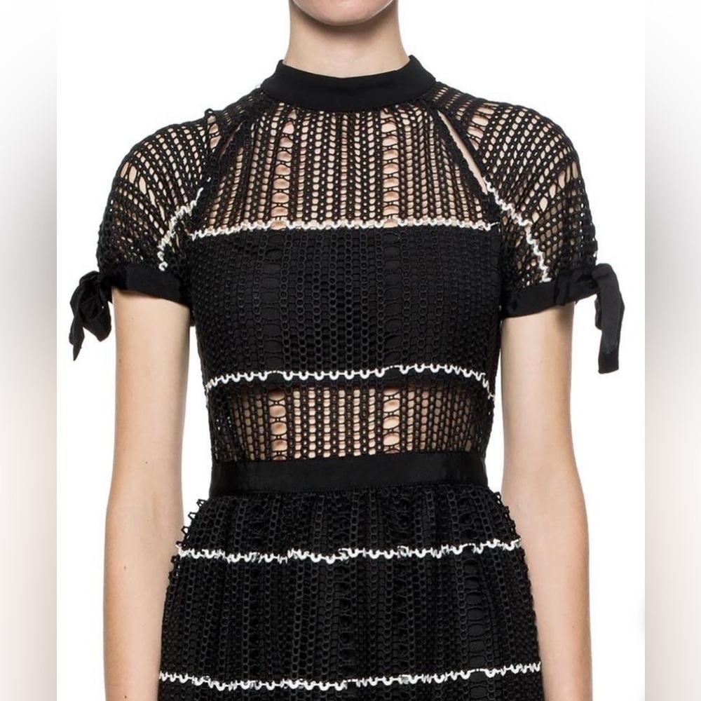 NWT Self Portrait Crochet Scallop mini Dress black Short Sleeve size 10 - Picture 2 of 10